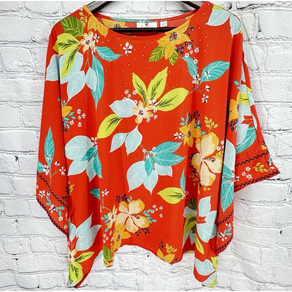 Quacker Factory Top Women's L Poncho Style Sleeves Boat Neck QVC Tropical Heat